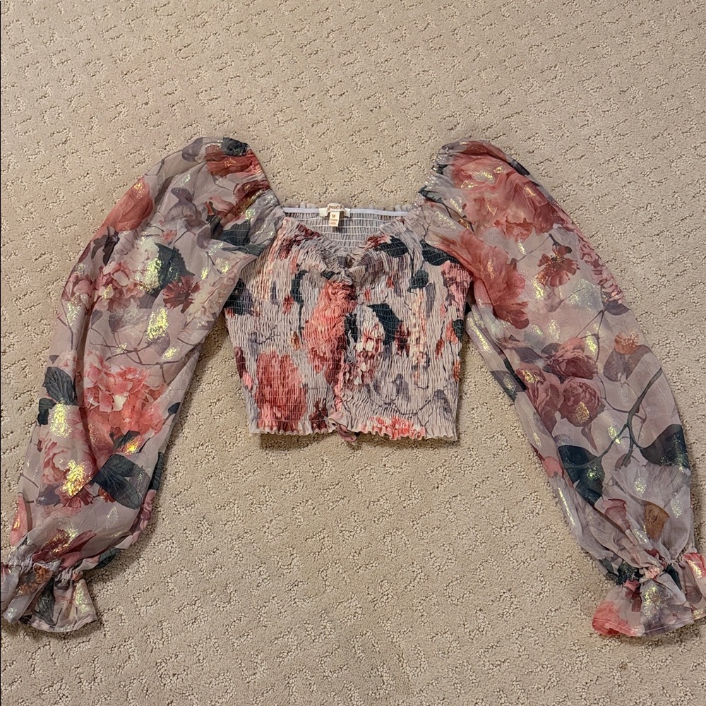 Elegant Floral Puff Sleeve Crop Top